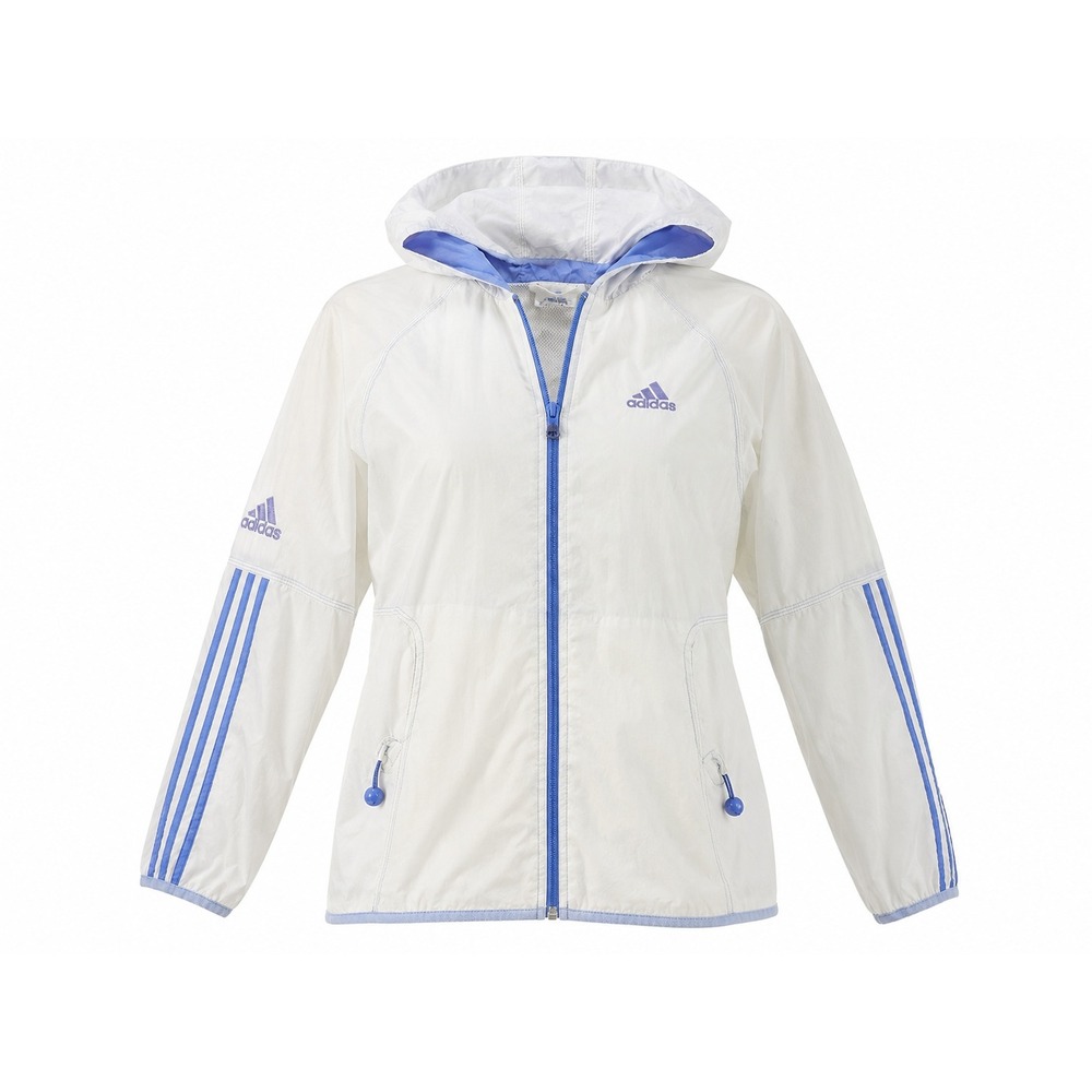 Adidas Womens White Blue Stripe Hooded Windbreaker Full Zip Jacket Mesh Lined